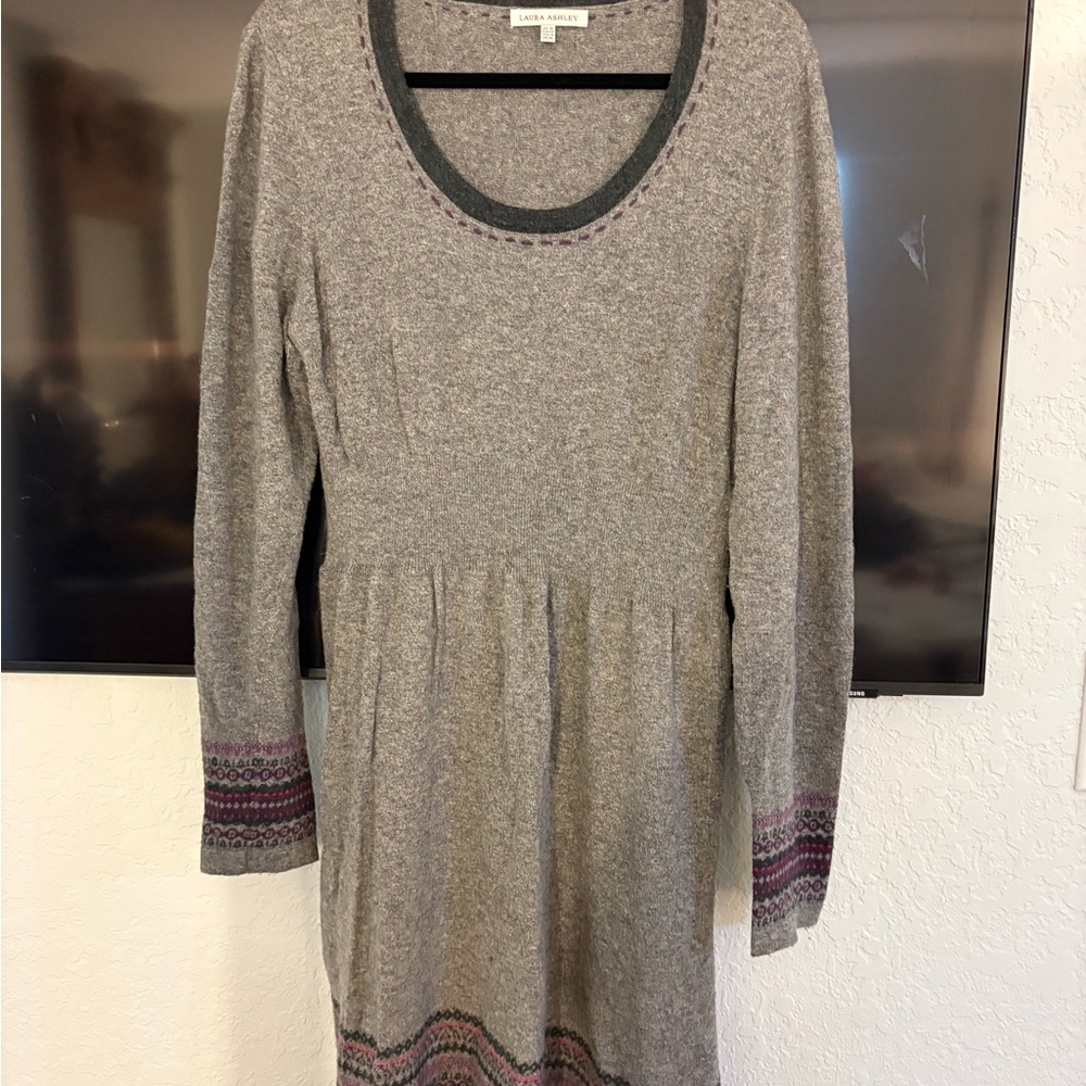 2000’s Laura Ashley Gray Long-Sleeve Wool Blend Dress with Fair Isle Pattern